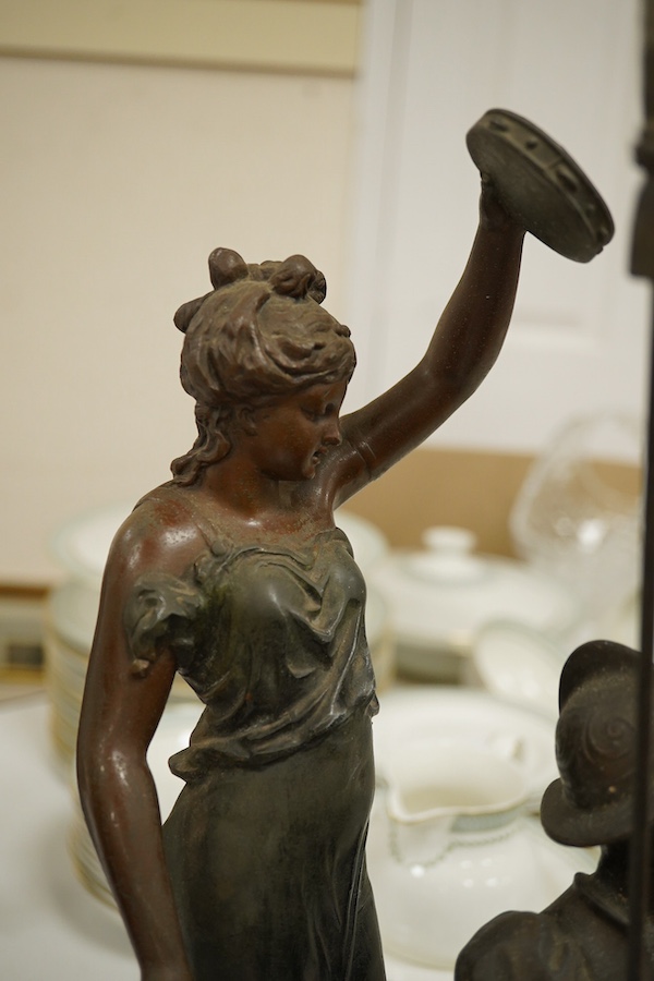 Two pairs of spelter figures, largest 53cm high. Condition - fair